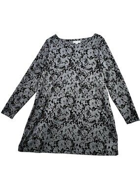 Christopher & Banks Women's Tunic Shirt Top Long Sleeve Sz XL Black Gray Floral